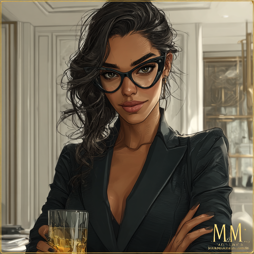 3ITCH, an illustrated fashion critic in a black blazer and cat-eye glasses, holding a whiskey, entirely unimpressed.